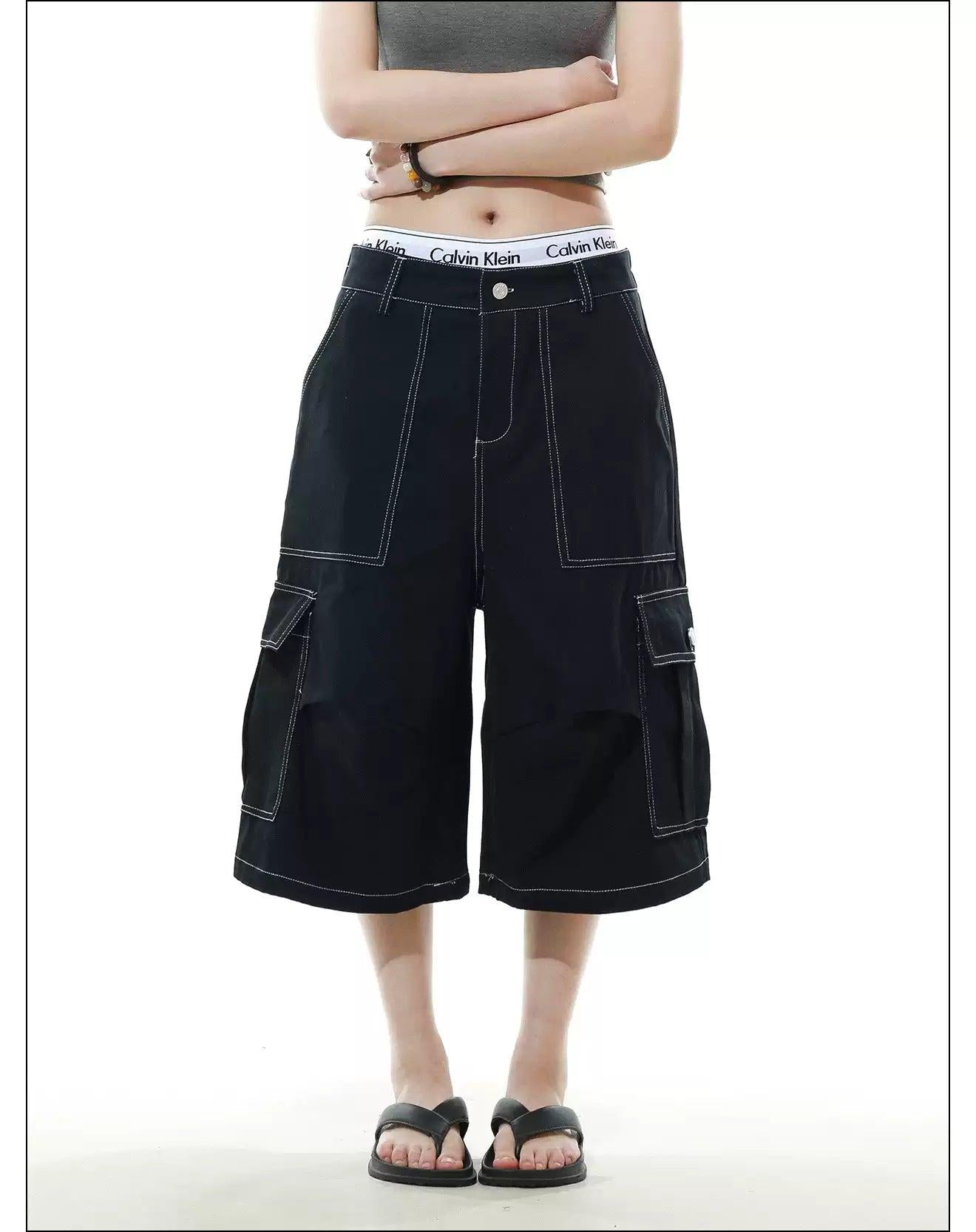 Contrast Stitched Denim Shorts