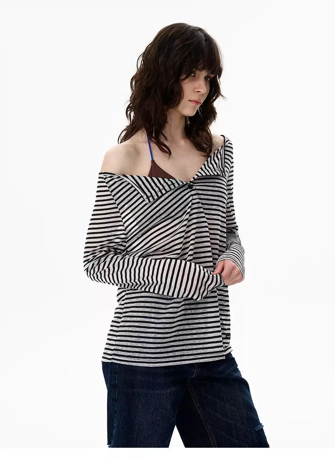 Striped Buttoned Sheer Blouse
