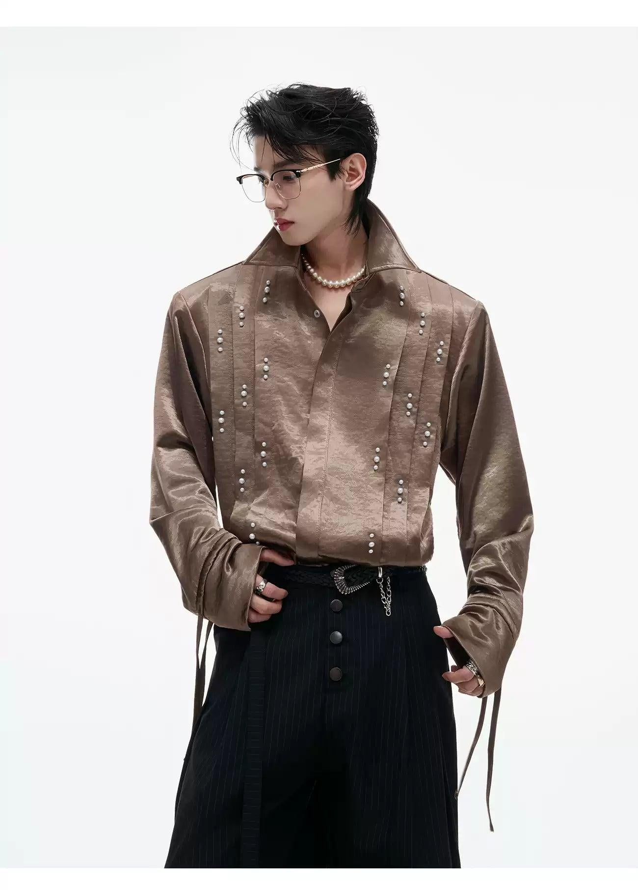 Pearl Details Pleated Sheer Shirt