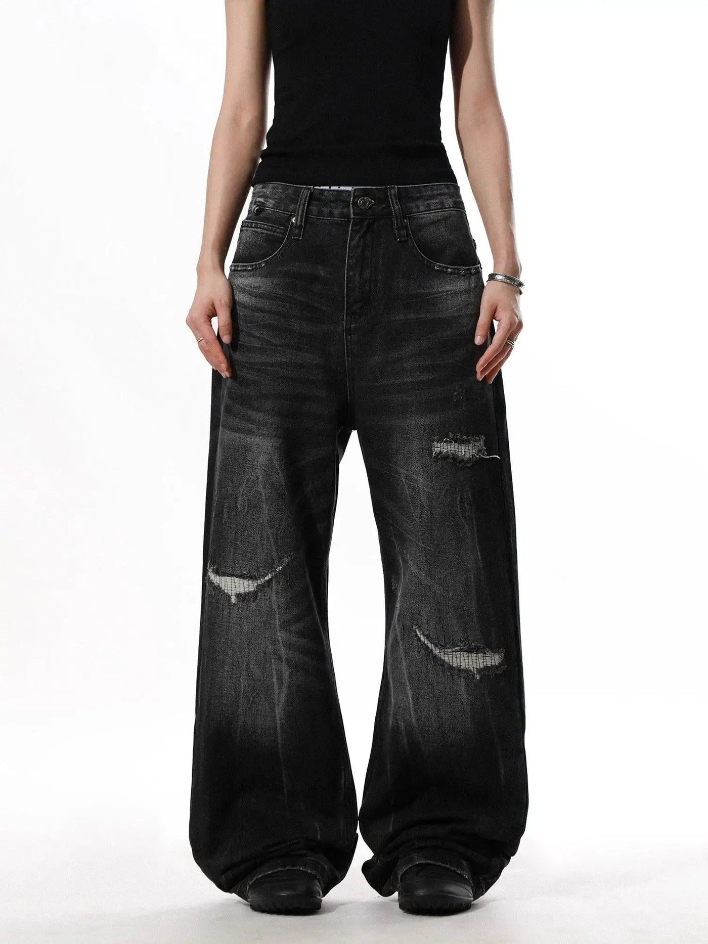 Distressed Patchwork Wide Jeans