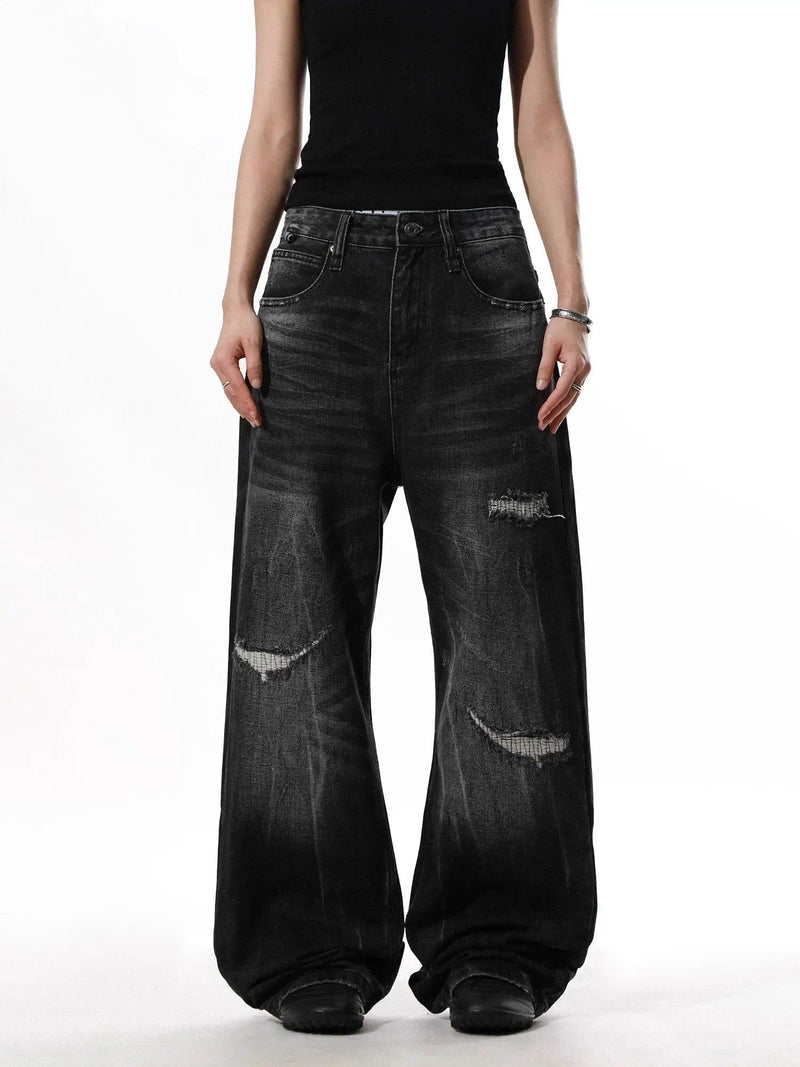 Distressed Patchwork Wide Jeans