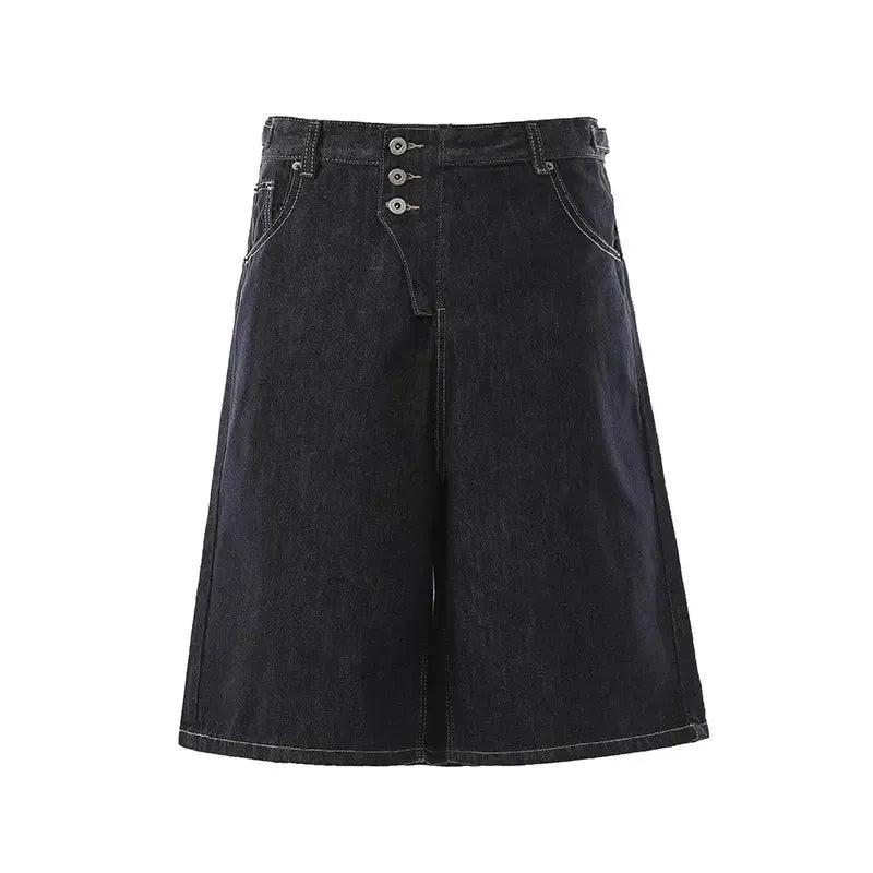 Raw Buttoned Wide Leg Denim Shorts
