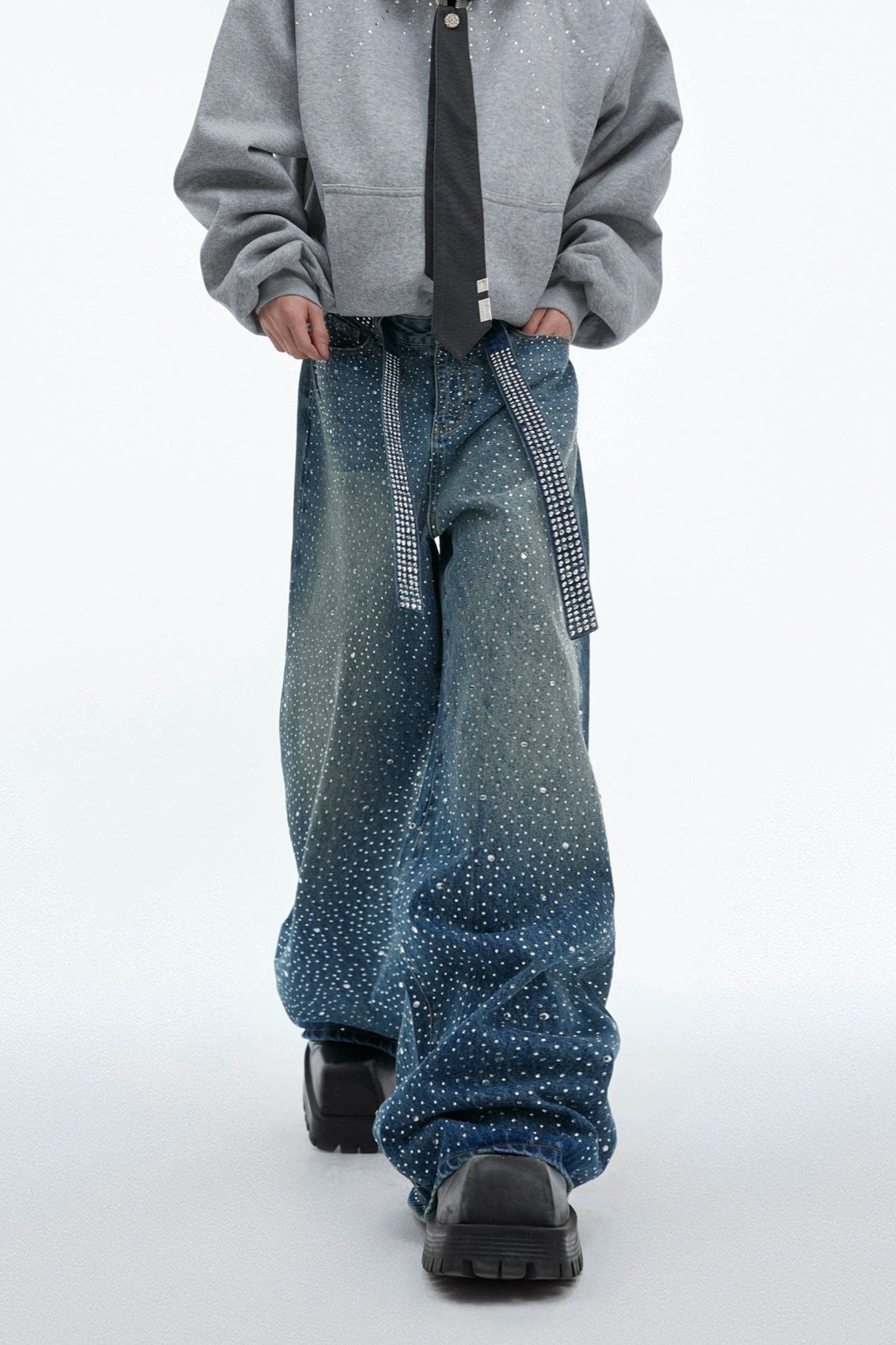 Rhinestone Detail Faded Jeans