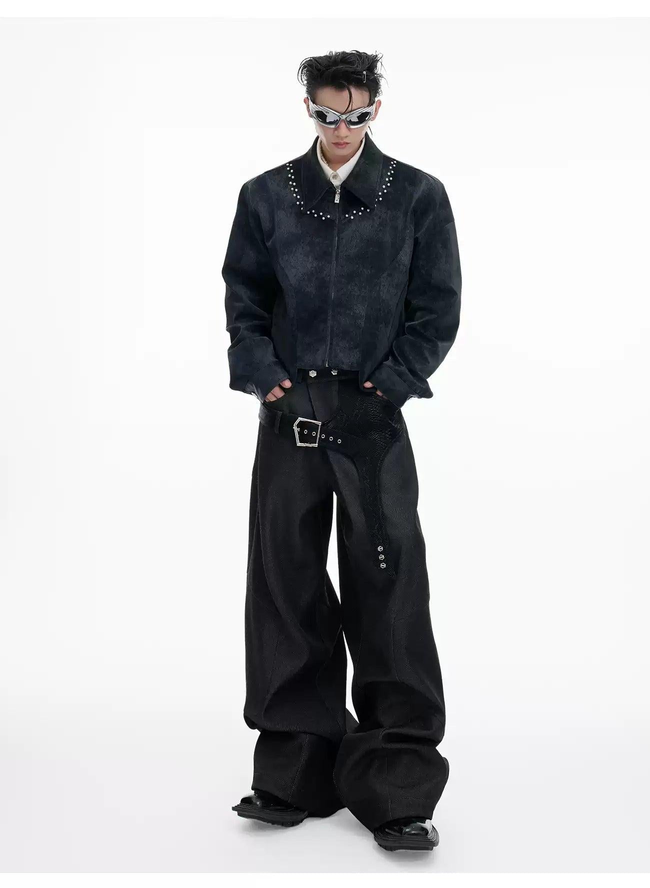 Buckled PU Leather Buckle Flared Pants
