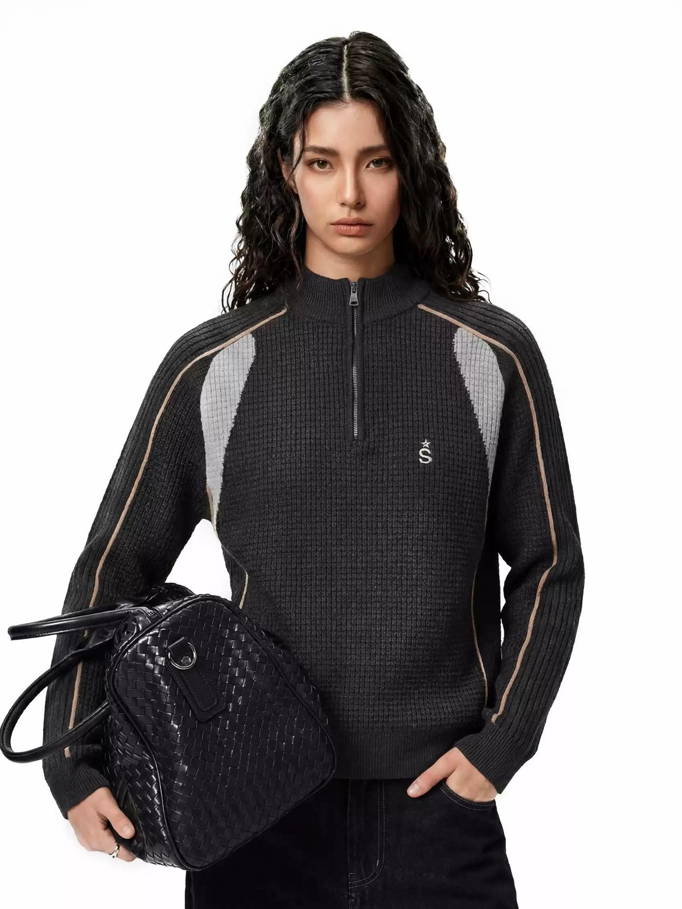 Waffle Grid Half-Zip Sweater