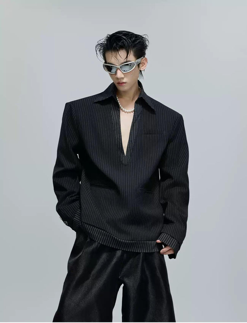 Spliced Low V-Neck Striped Blazer