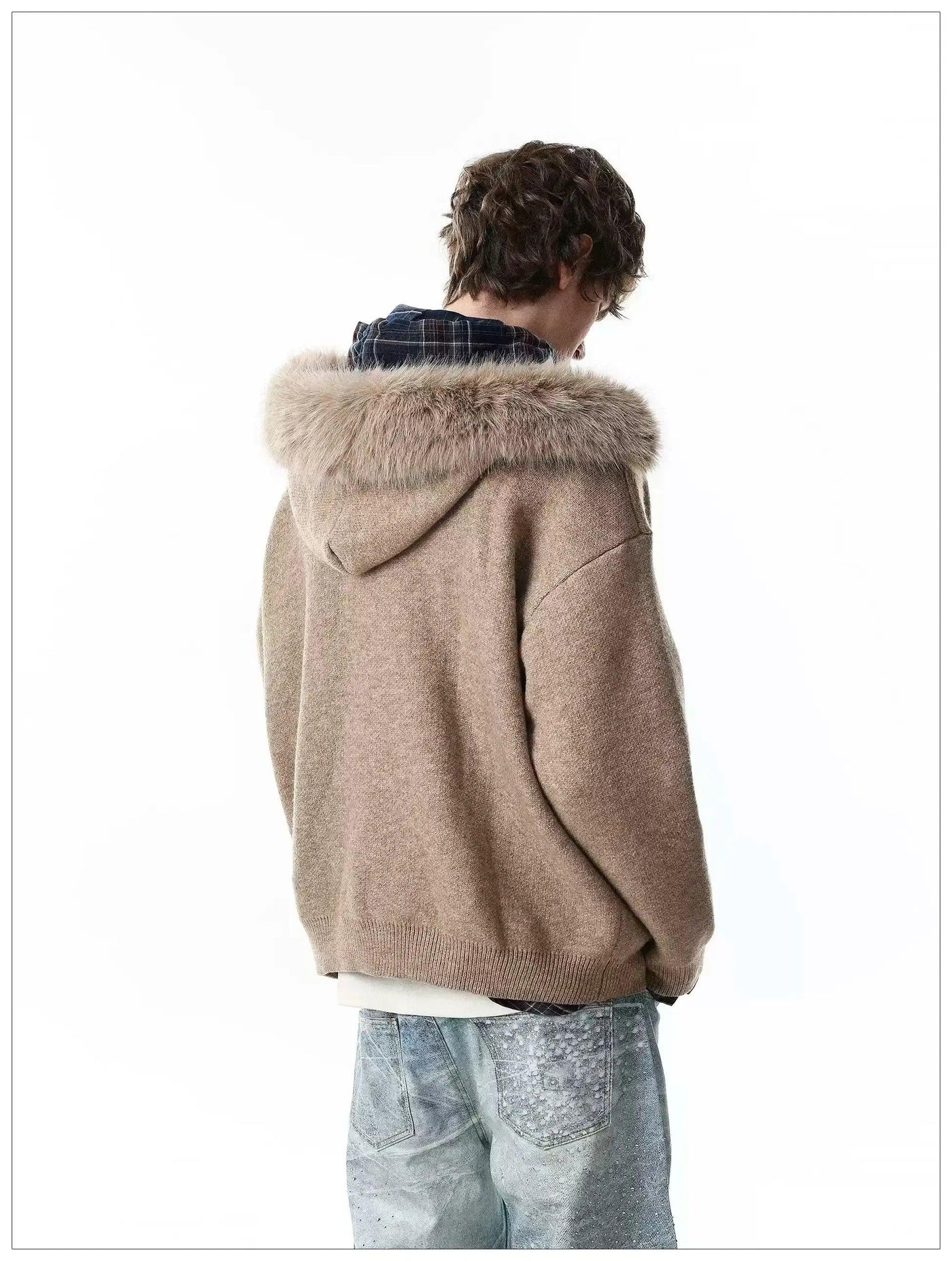 Faux Fur Trim Knitted Hood Jacket