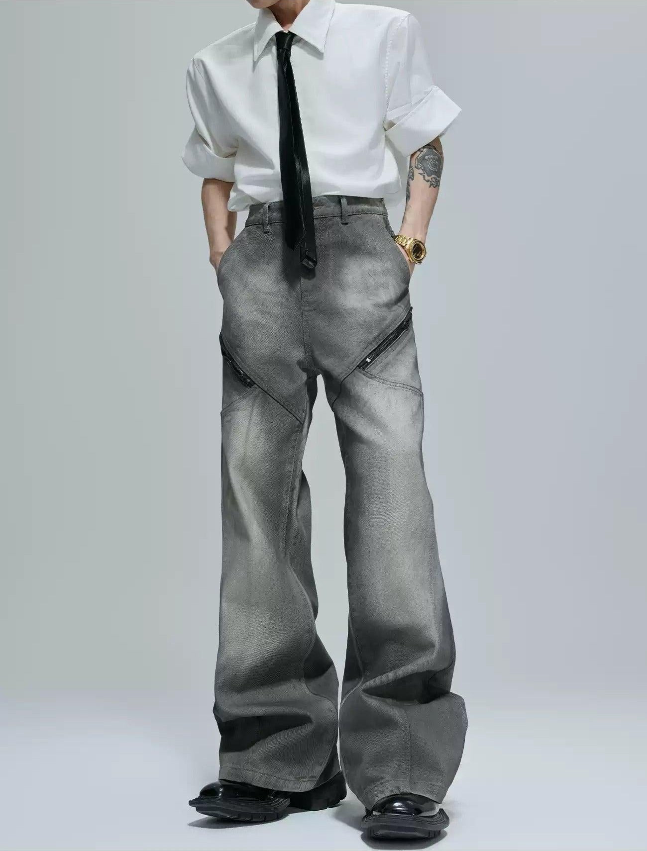 Multi-Zipped Contrast Faded Denim Jacket & Jeans Set