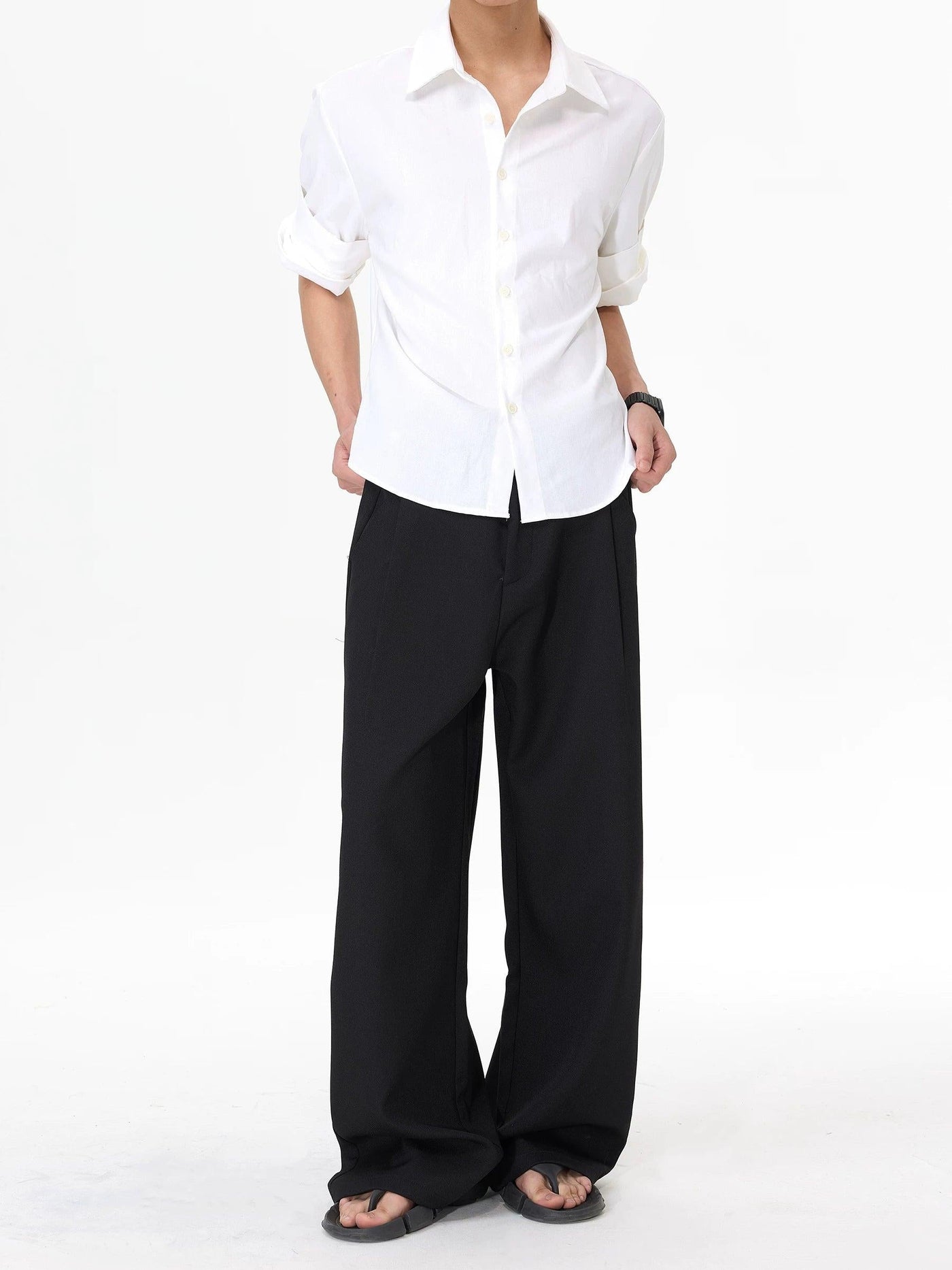 Pleated Belted Straight Leg Trousers