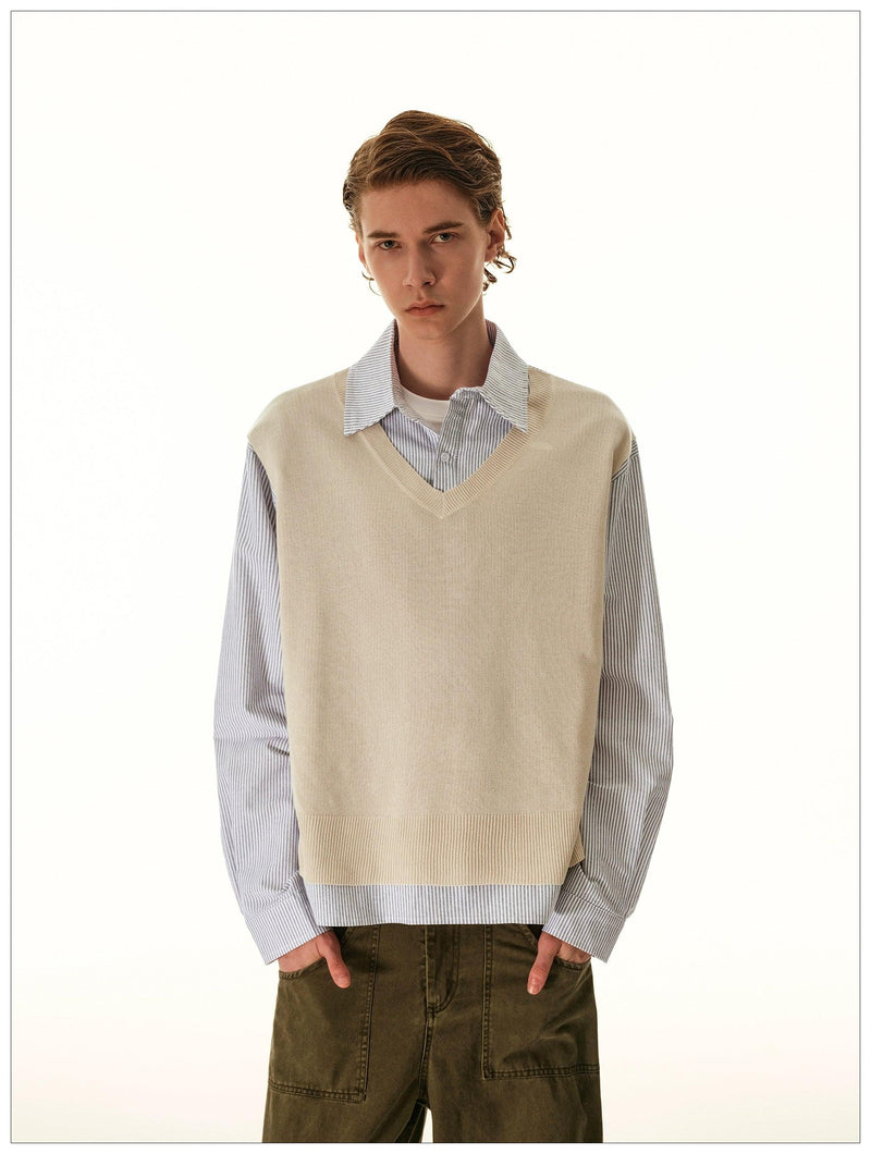 Knit Vest Layered Striped Shirt