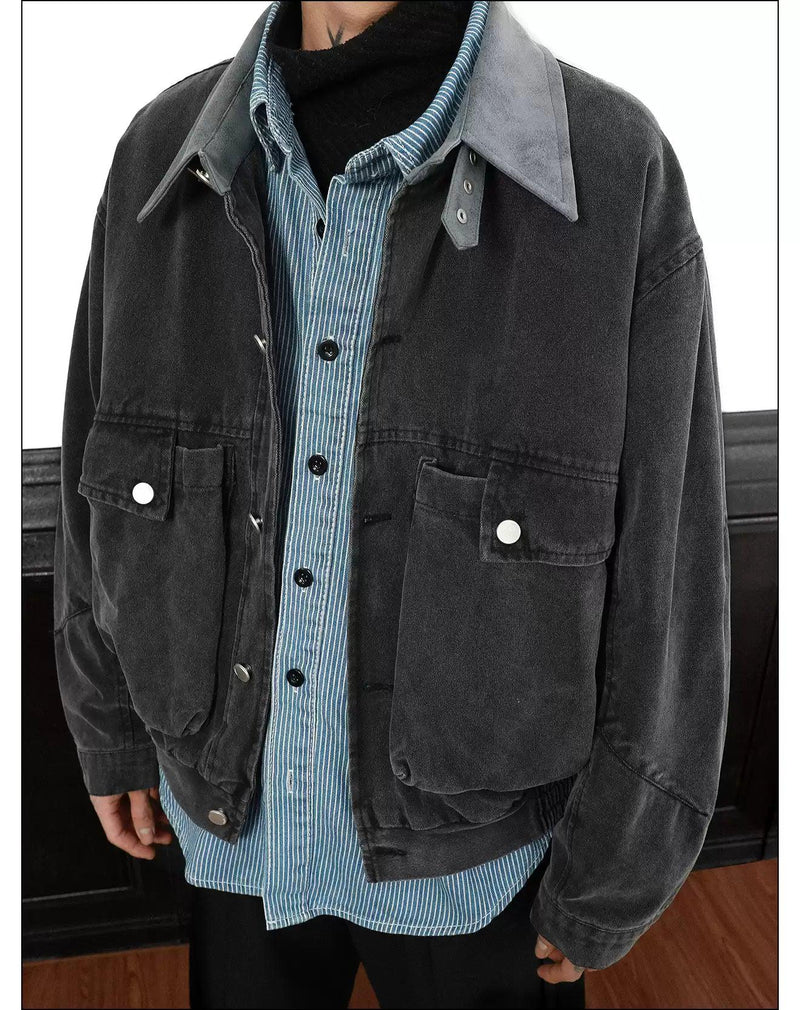 Big Pocket PU Leather Collar Jacket