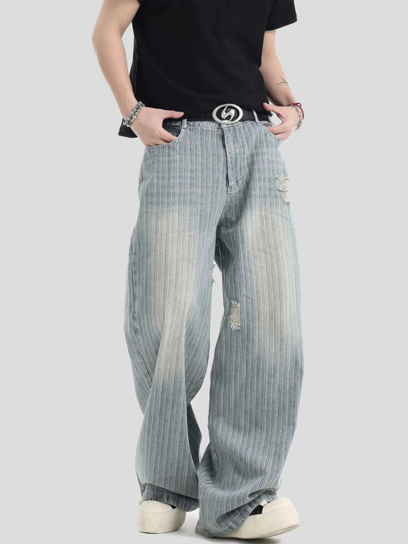 Faded Vertical Striped Distressed Jeans