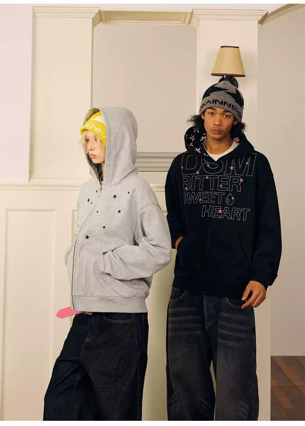 Outlined Logo and Star Print Zipped Hoodie