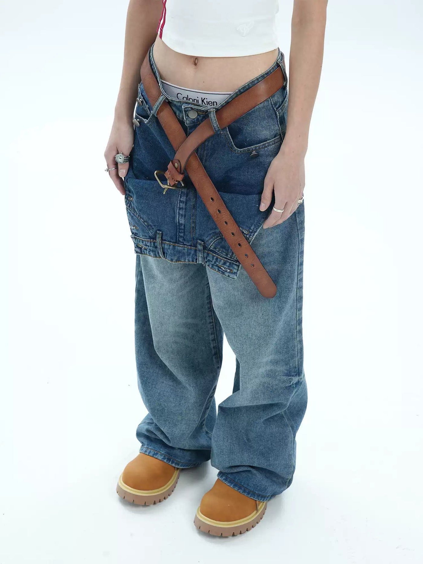 Layered Washed and Faded Jeans