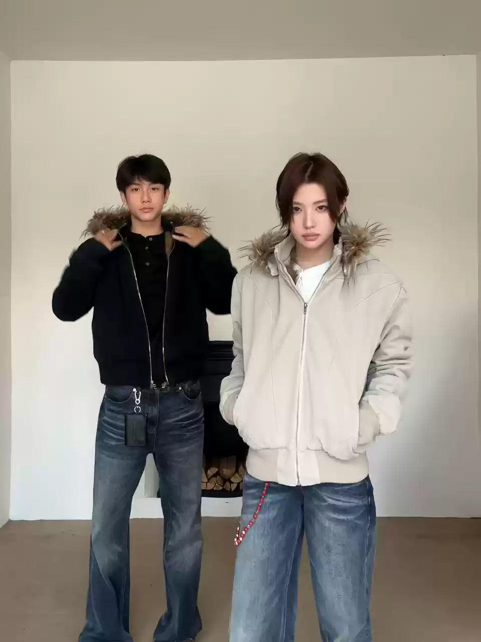Fur-Lined Ribbed Hem Hooded Jacket