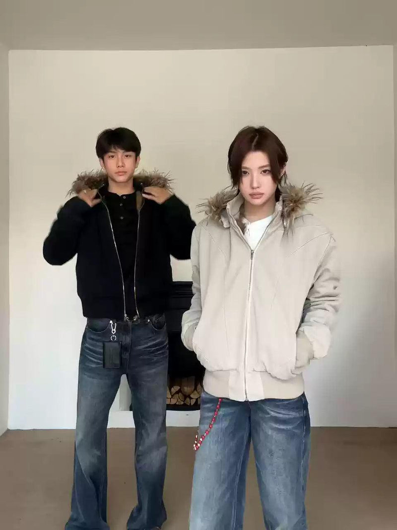 Fur-Lined Ribbed Hem Hooded Jacket