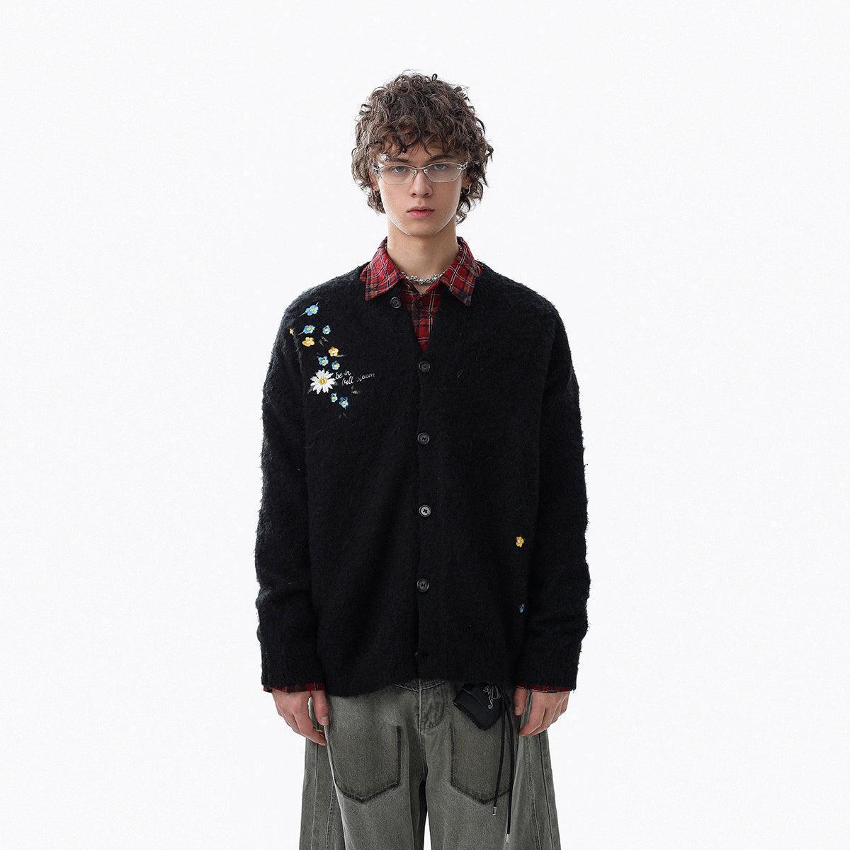 Embroidered Flower Fuzzy Cardigan