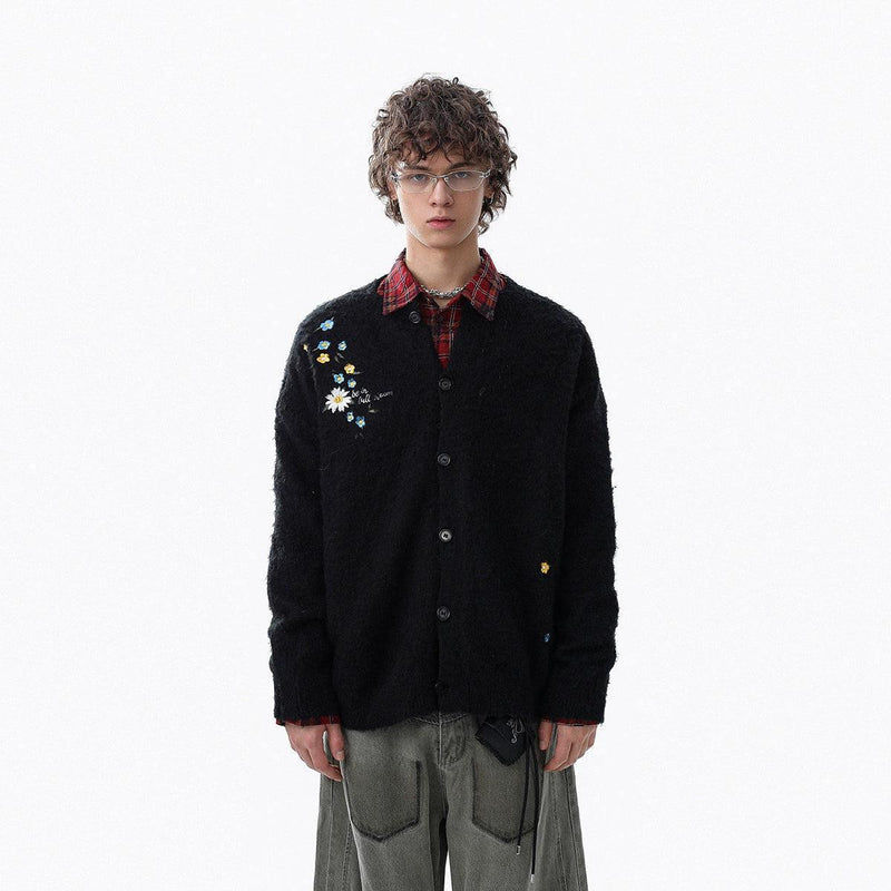 Embroidered Flower Fuzzy Cardigan