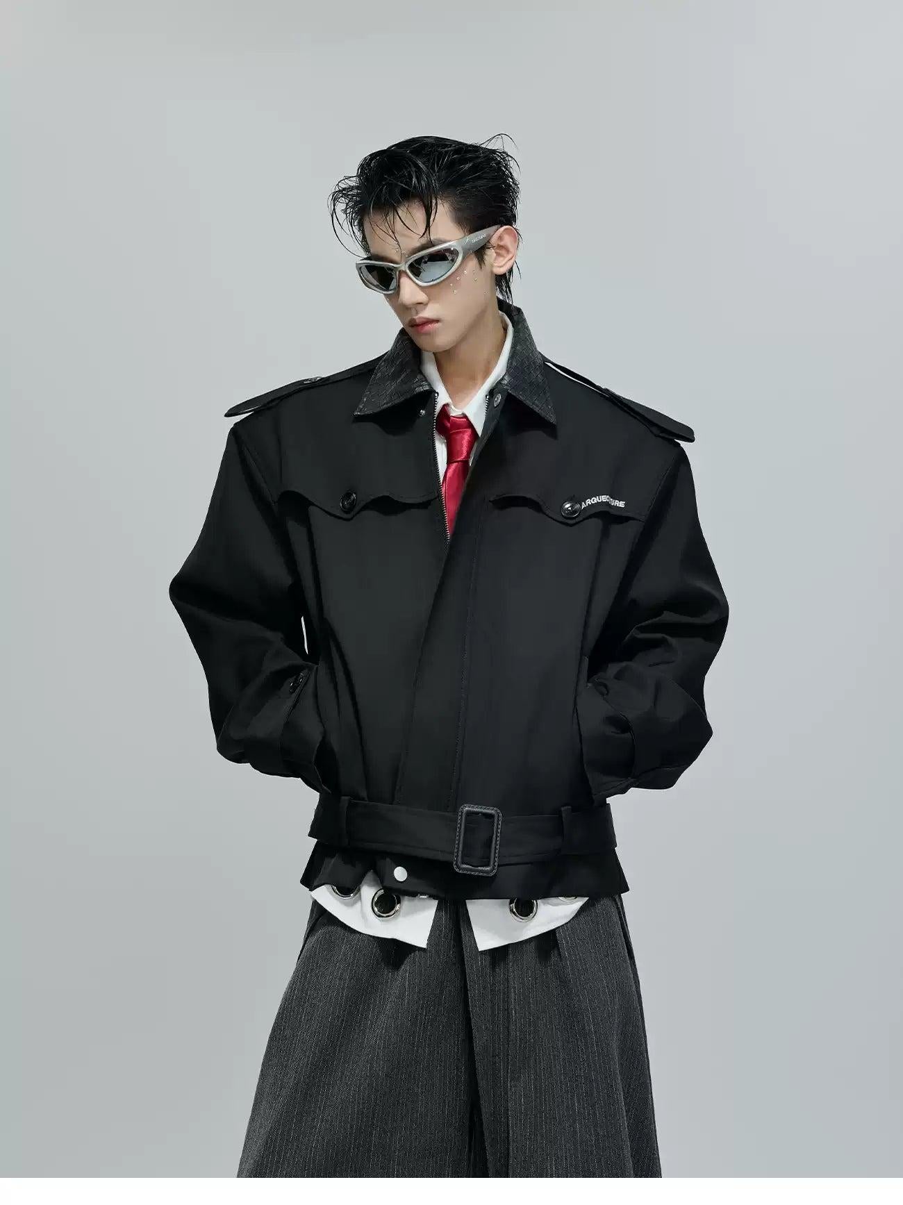 Faux Leather Collar Strap Belt Jacket