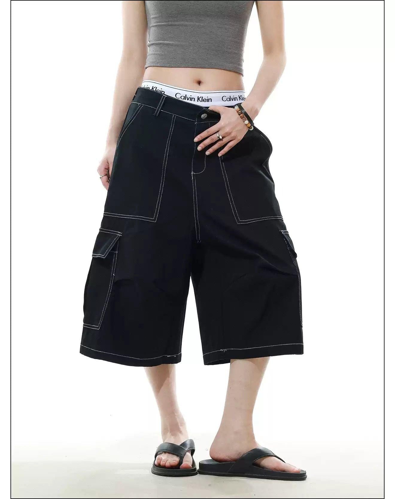 Contrast Stitched Denim Shorts