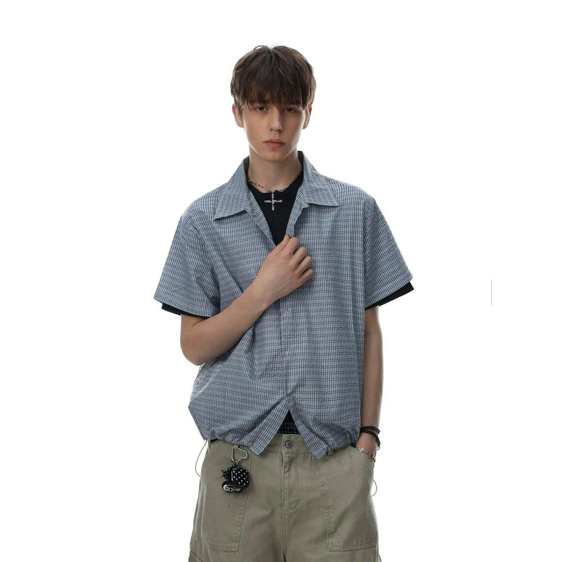 Drawstring Boxy Fit Plaid Shirt