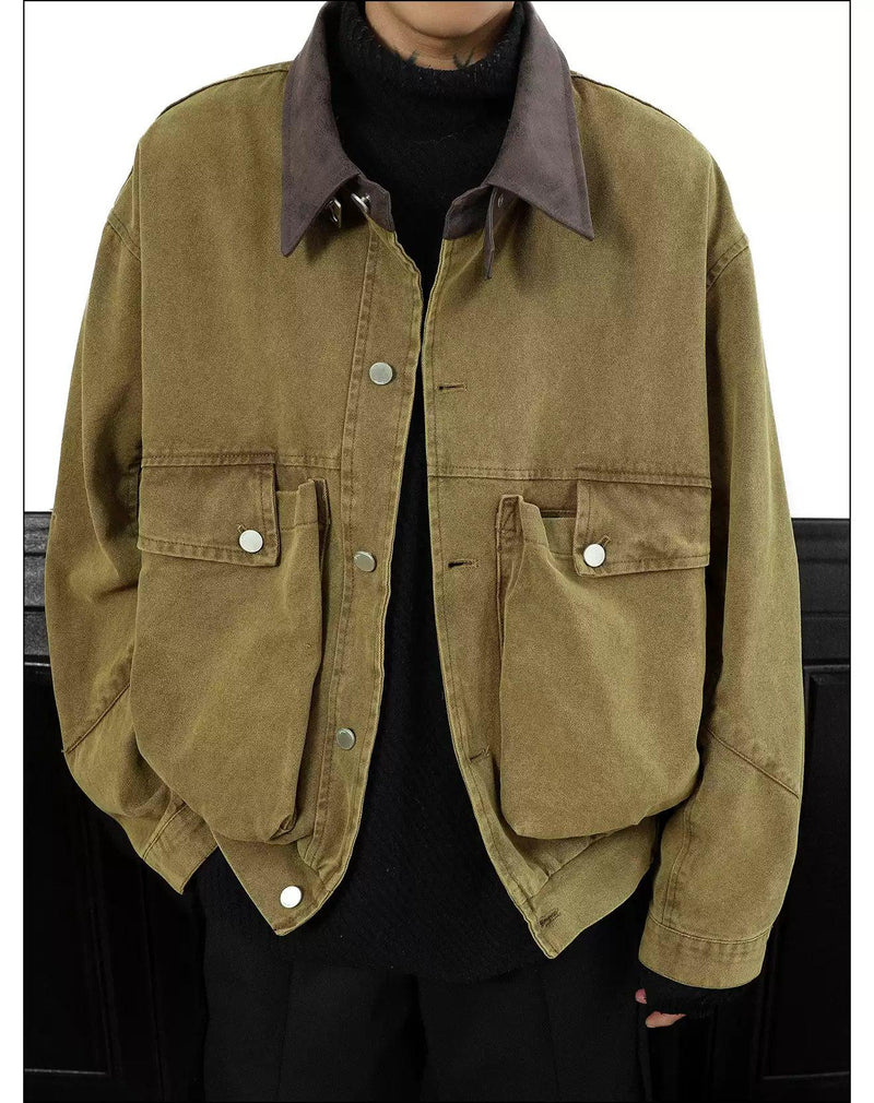 Big Pocket PU Leather Collar Jacket