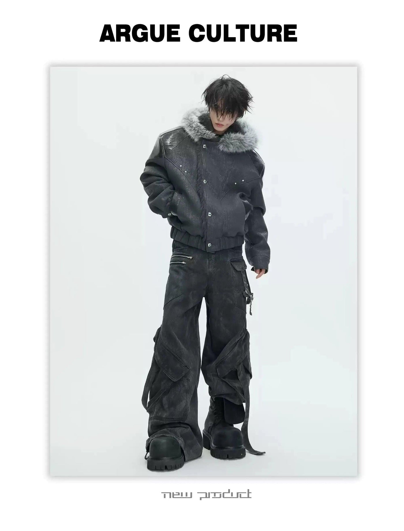 Faux Fur Hood Textured Spliced Jacket
