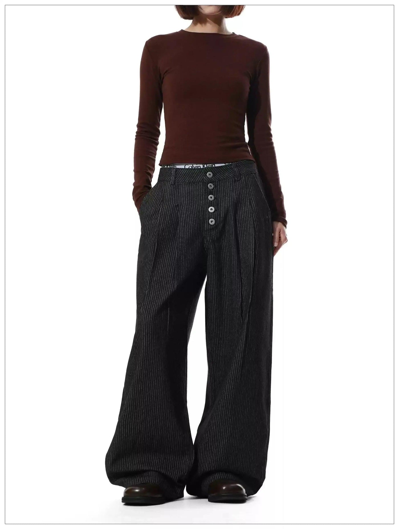 Retro Striped Button-Down Wide Leg Pants