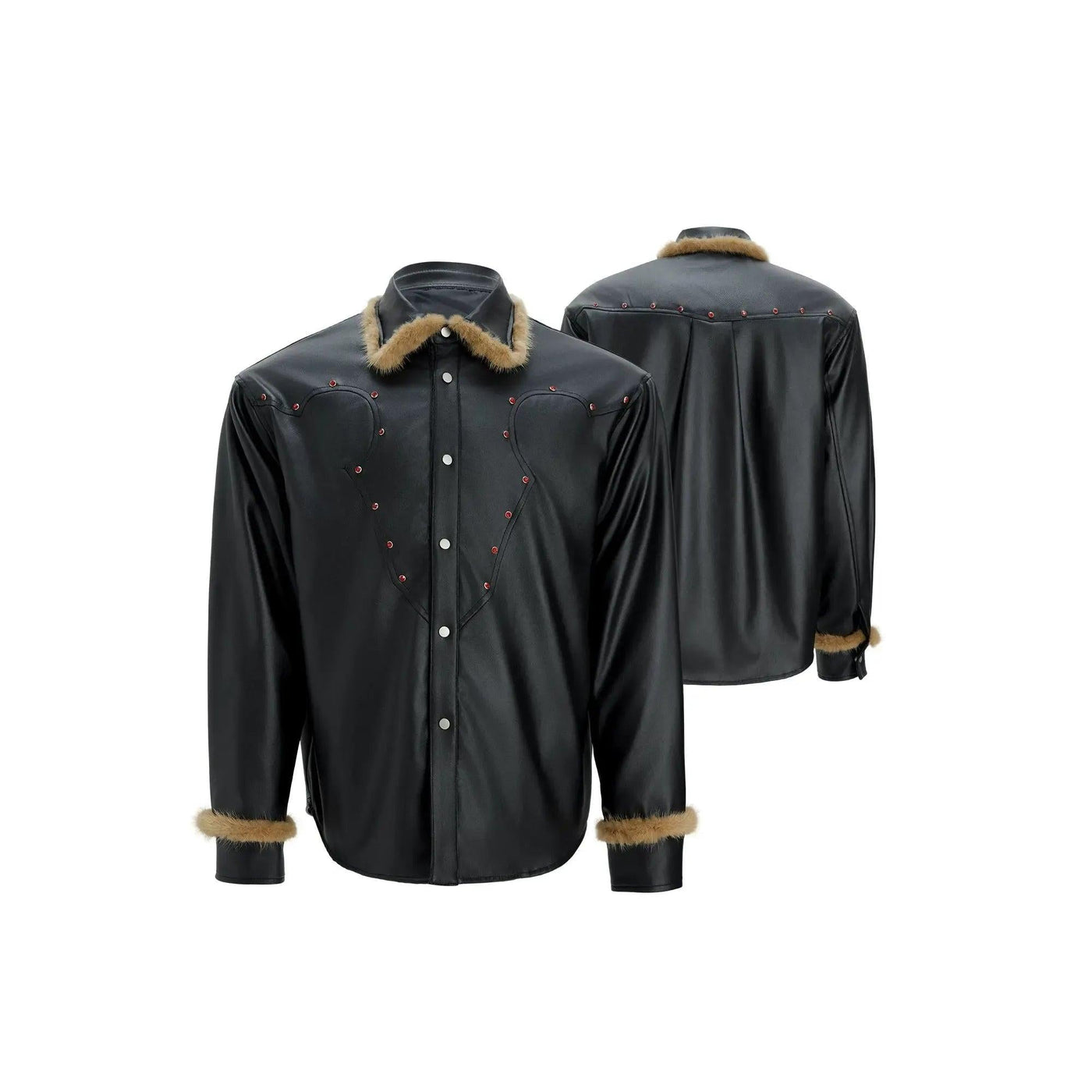 Faux Fur Collar Line PU Leather Shirt