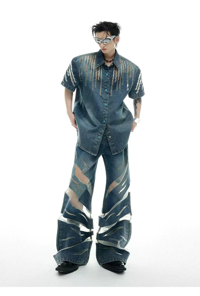 Mesh Spliced Denim Shirt & Wide Jeans Set