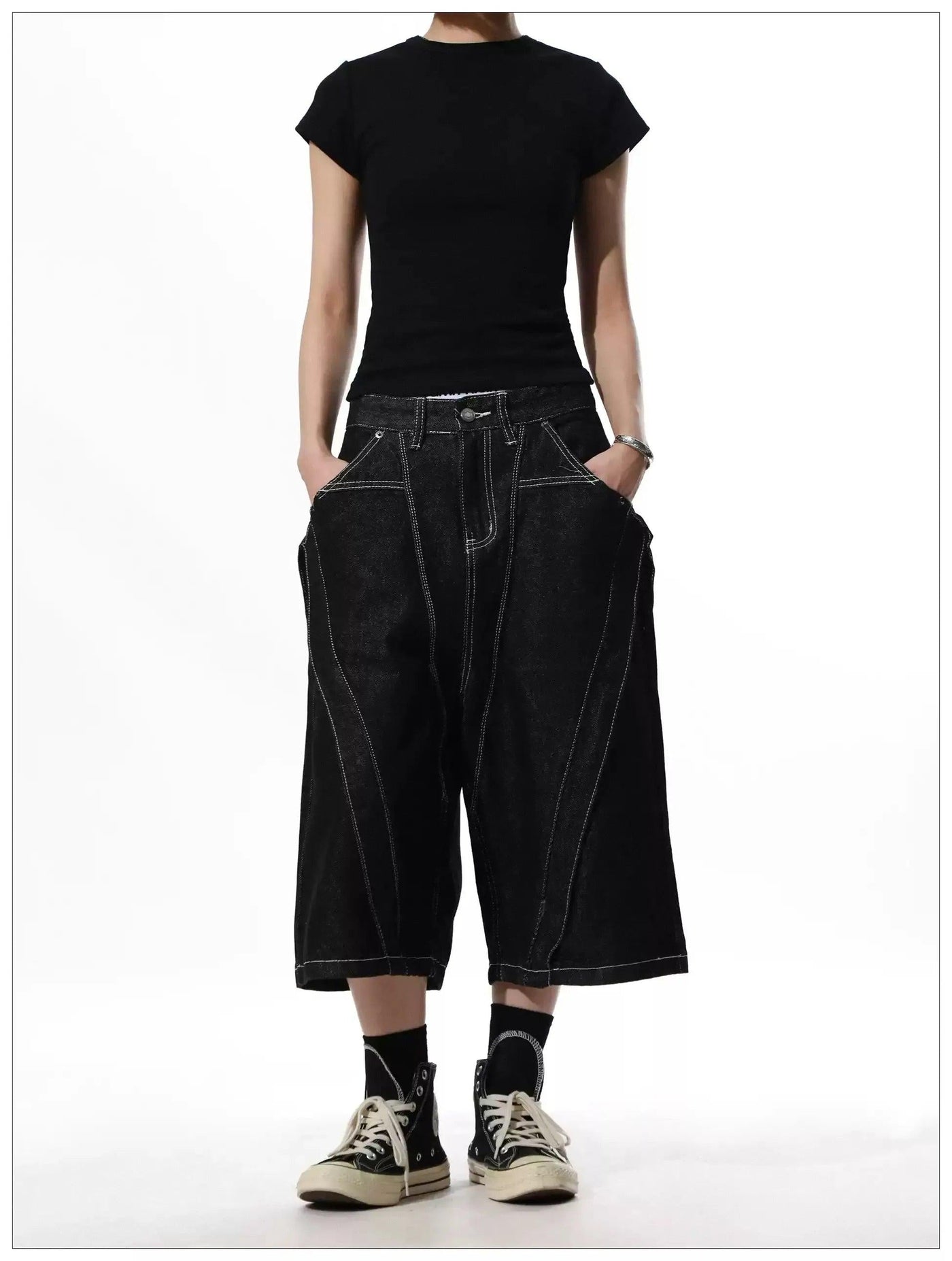 Contrast Diagonal Lined Denim Shorts