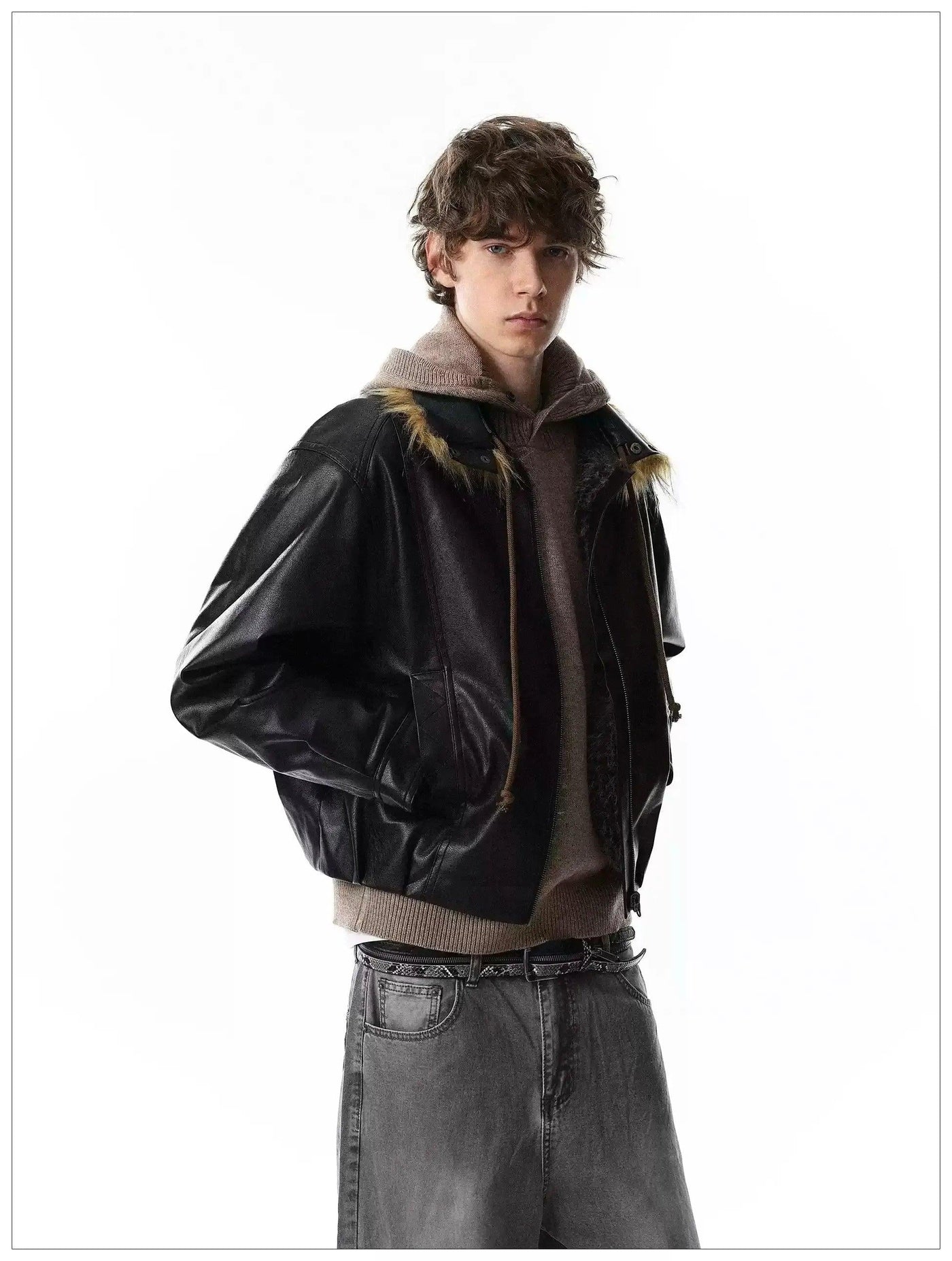 Faux Fur Collar PU Leather Short Jacket