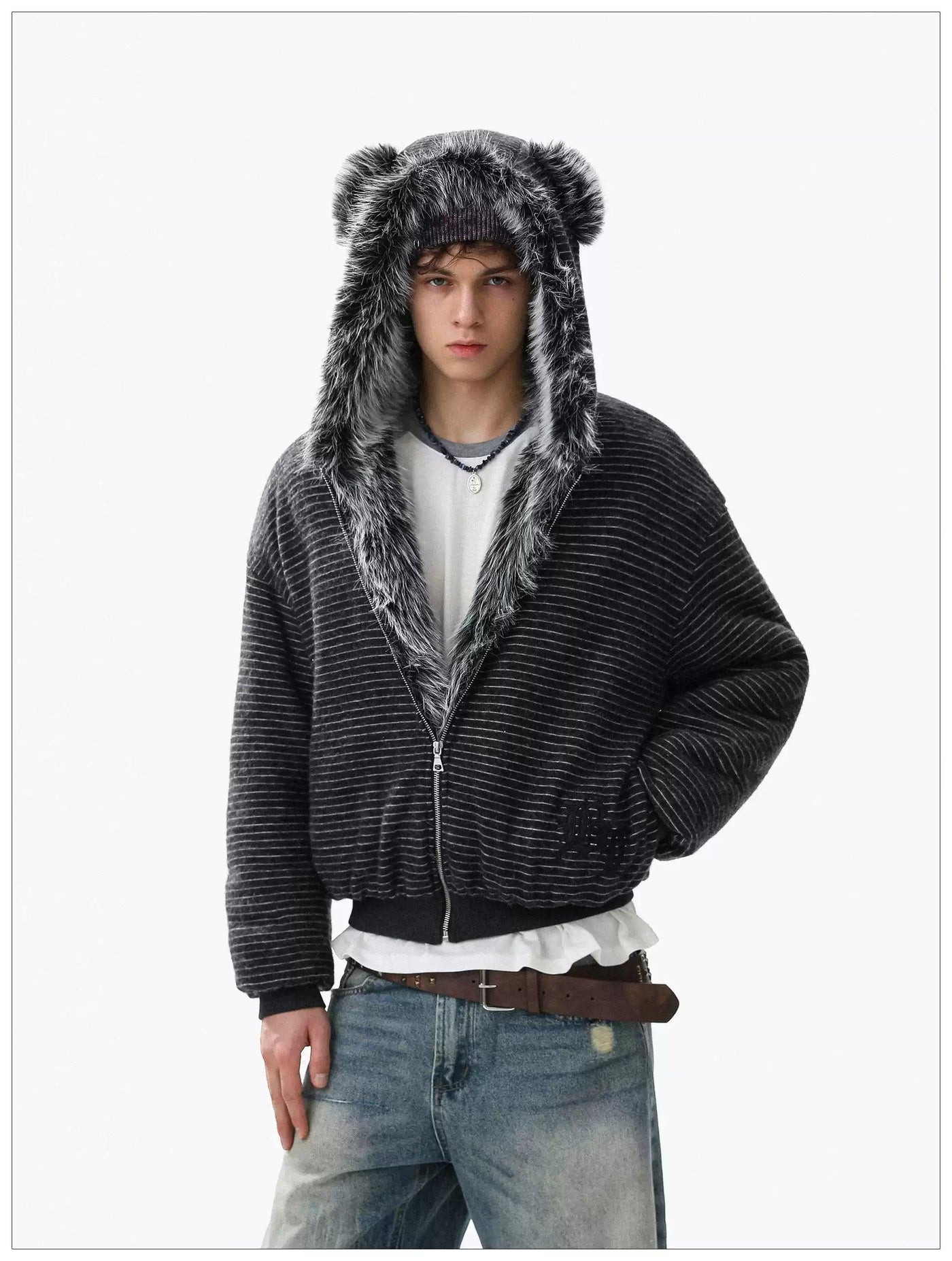 Teddy Bear Fur-Trimmed Stripes Jacket