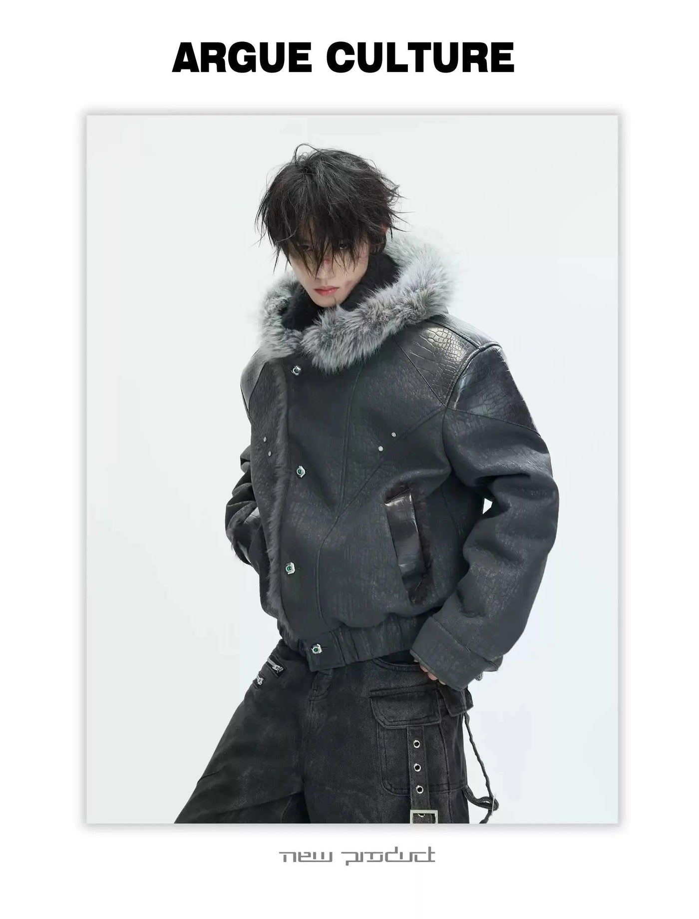 Faux Fur Hood Textured Spliced Jacket