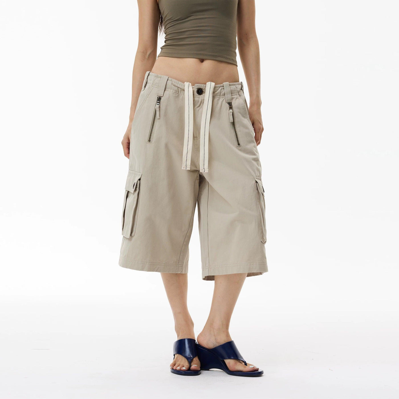 Drawstring Wide Leg Cargo Shorts