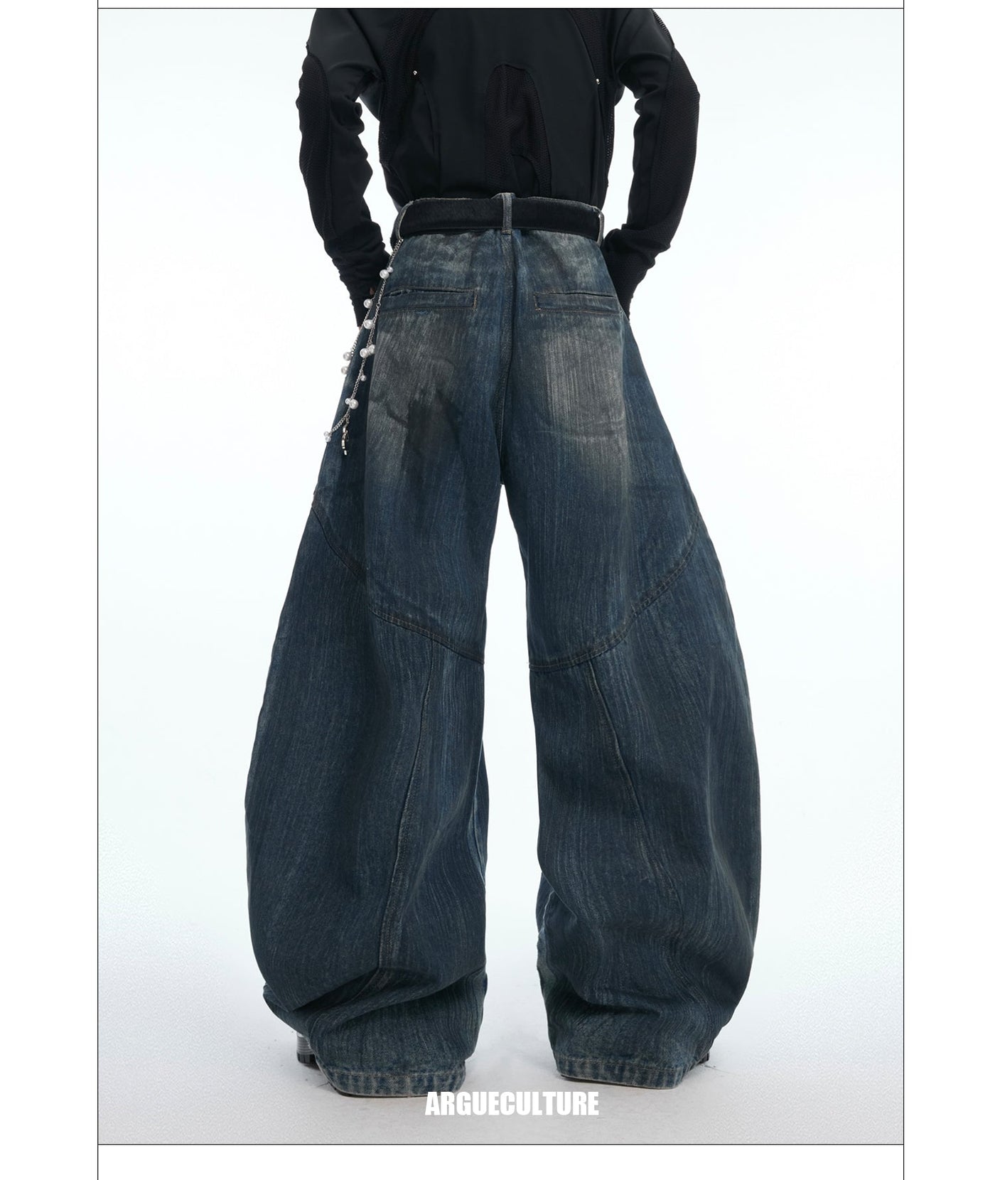 Heavy Wash Pearl Detail Wide Jeans
