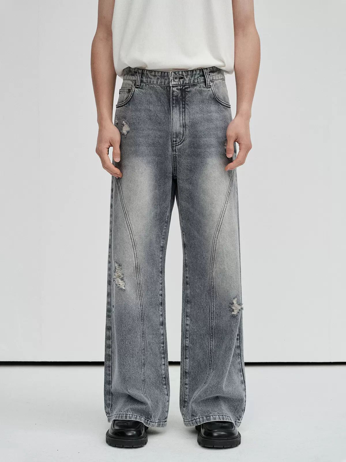Irregular Distressed Spots Faded Straight Jeans