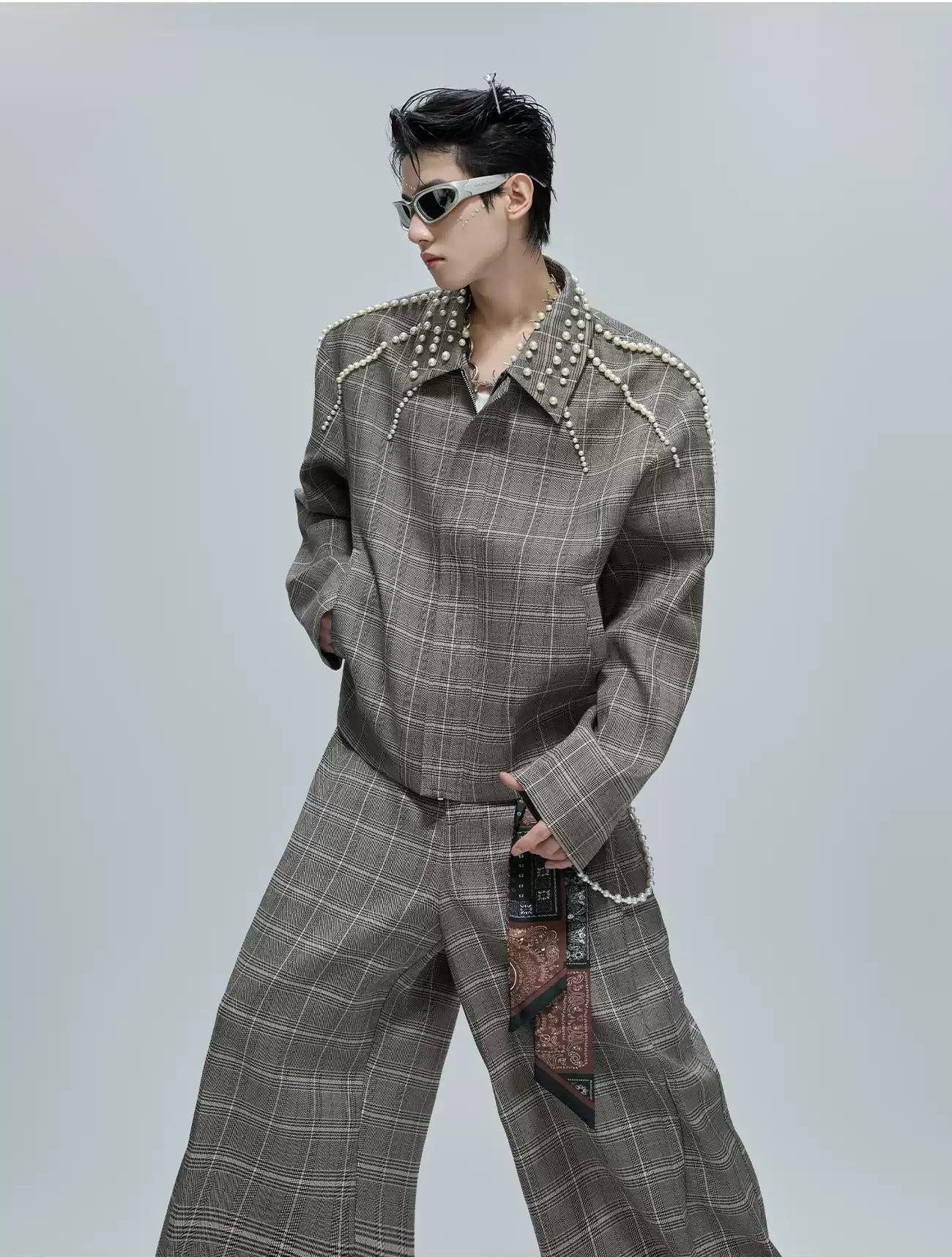 Pearled Line Checked Shirt & Wide Pants Set