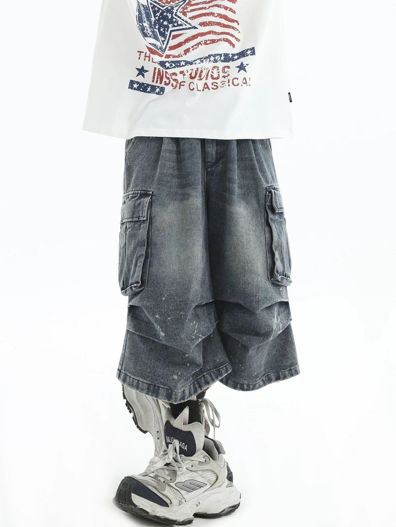 Faded Pleats Cargo Denim Shorts
