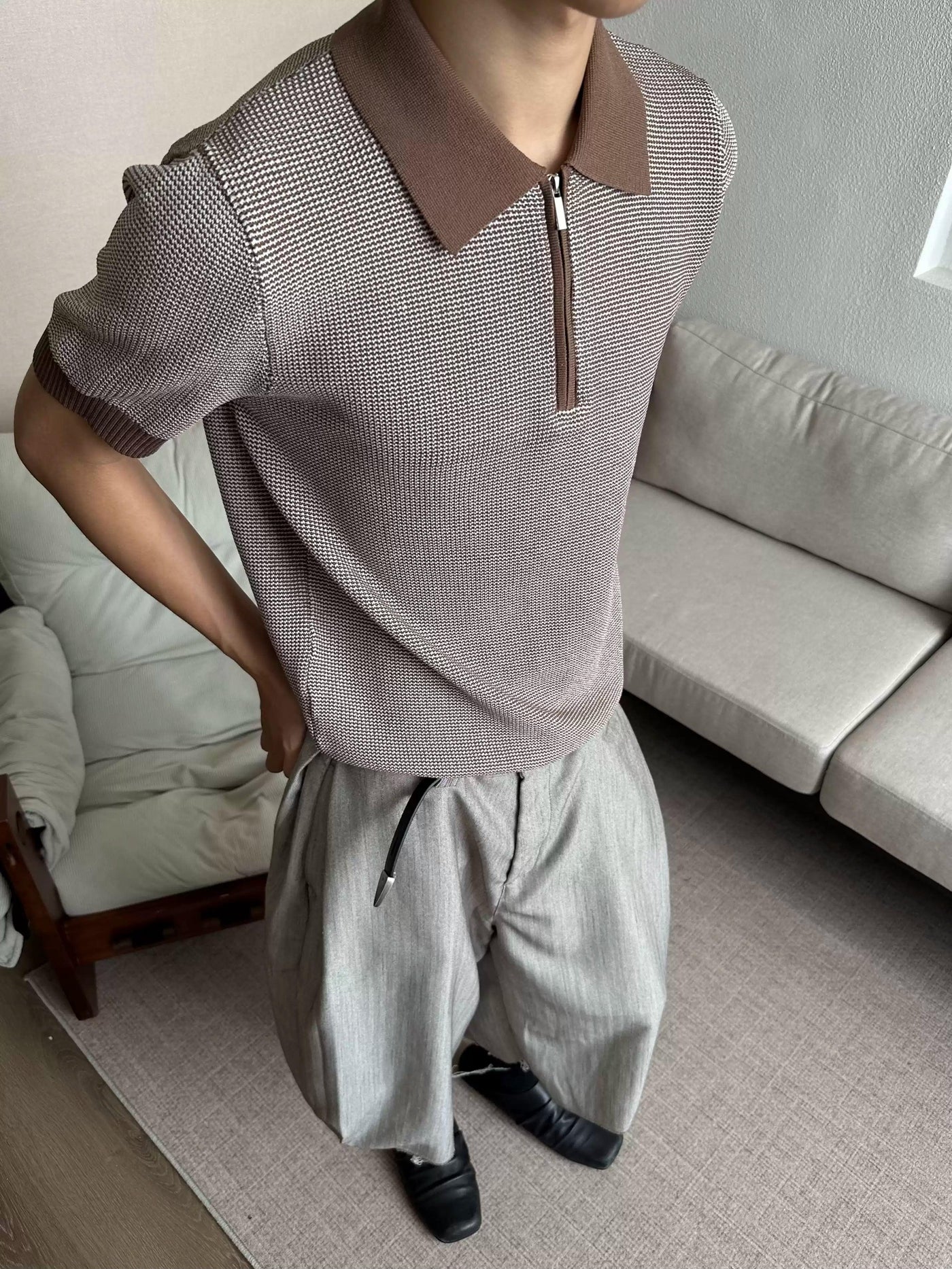 Textured Contrast Half-Zipped Knit Polo