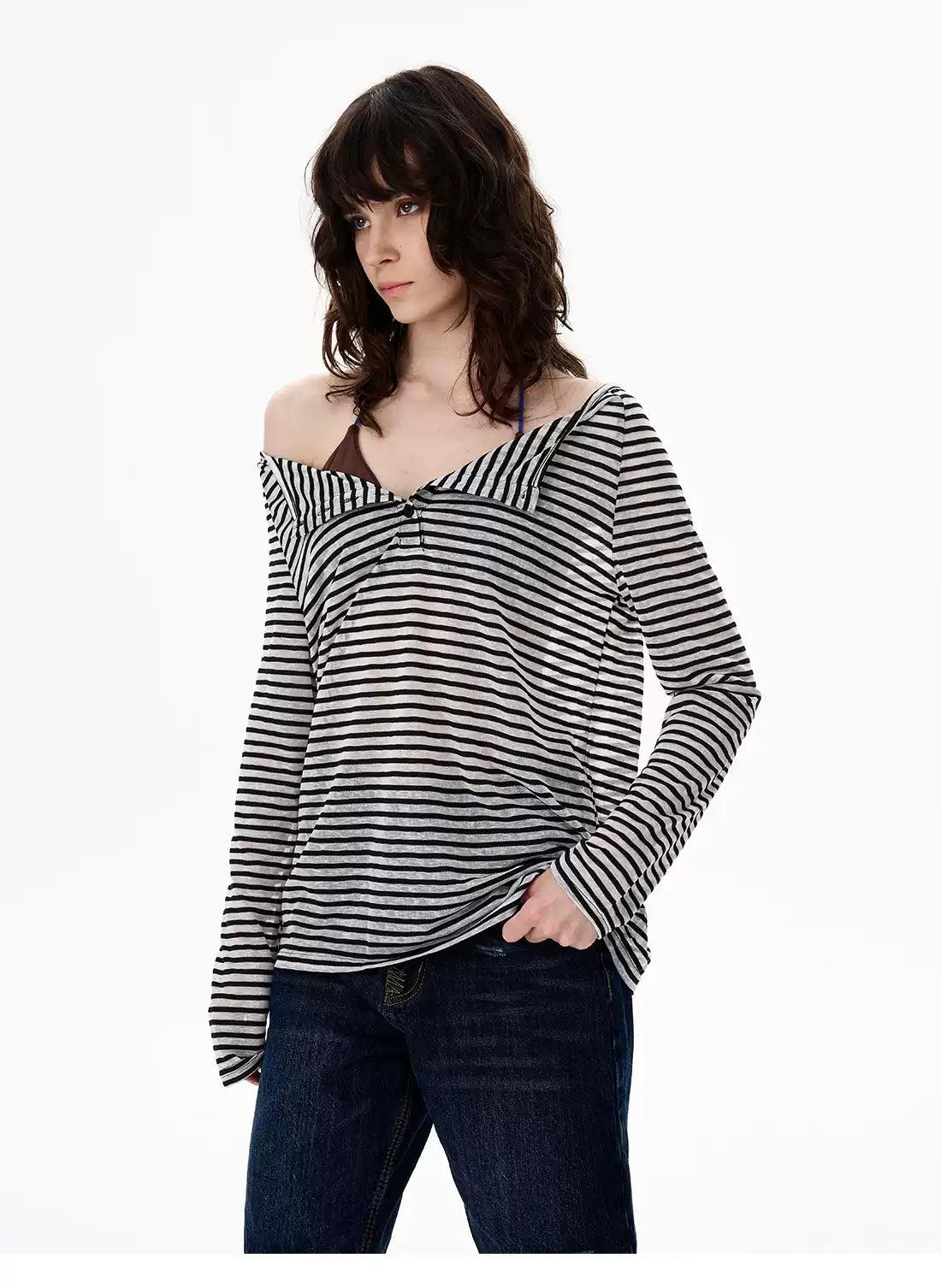 Striped Buttoned Sheer Blouse