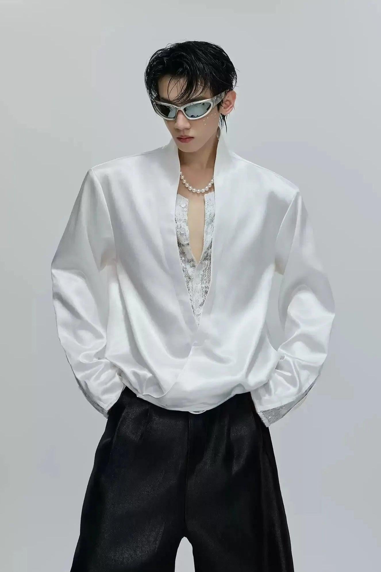 Lace Layered Deep V-Neck Silky Shirt