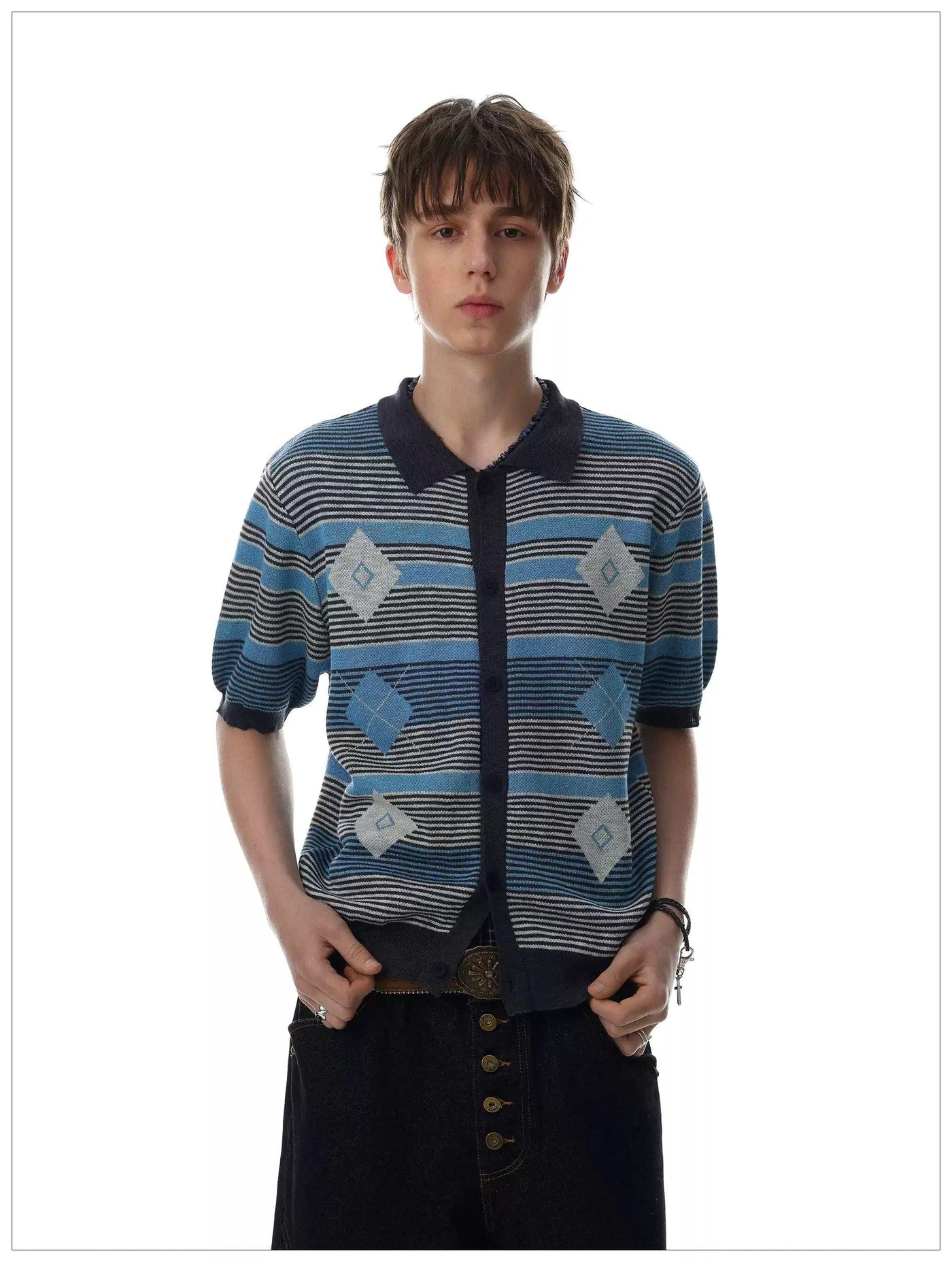 Stripe Diamond Pattern Knit Shirt