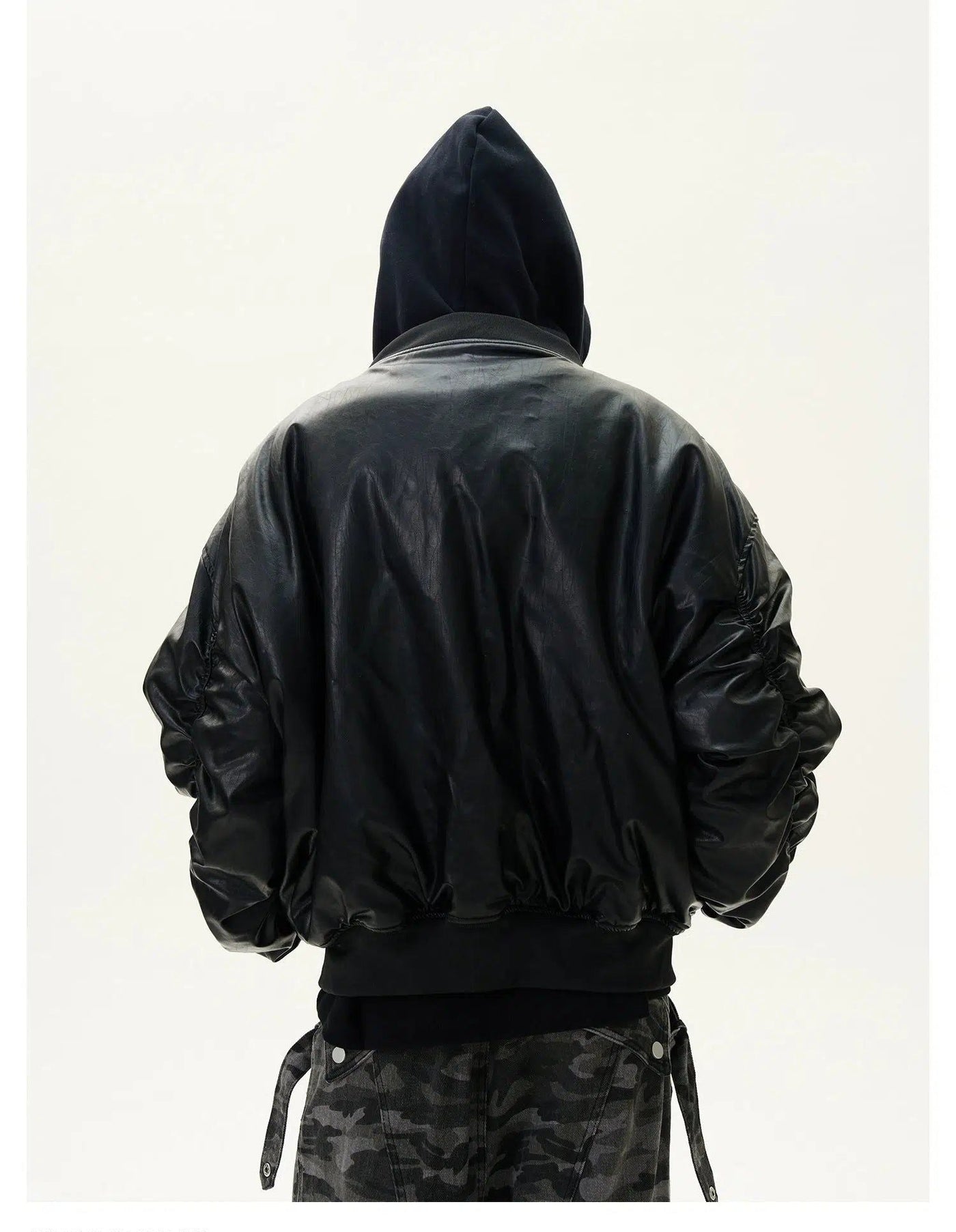 Layered Hooded PU Leather Jacket