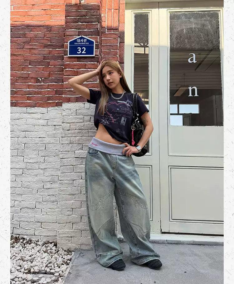 Contrast Ribbed Waist Faded Structured Jeans