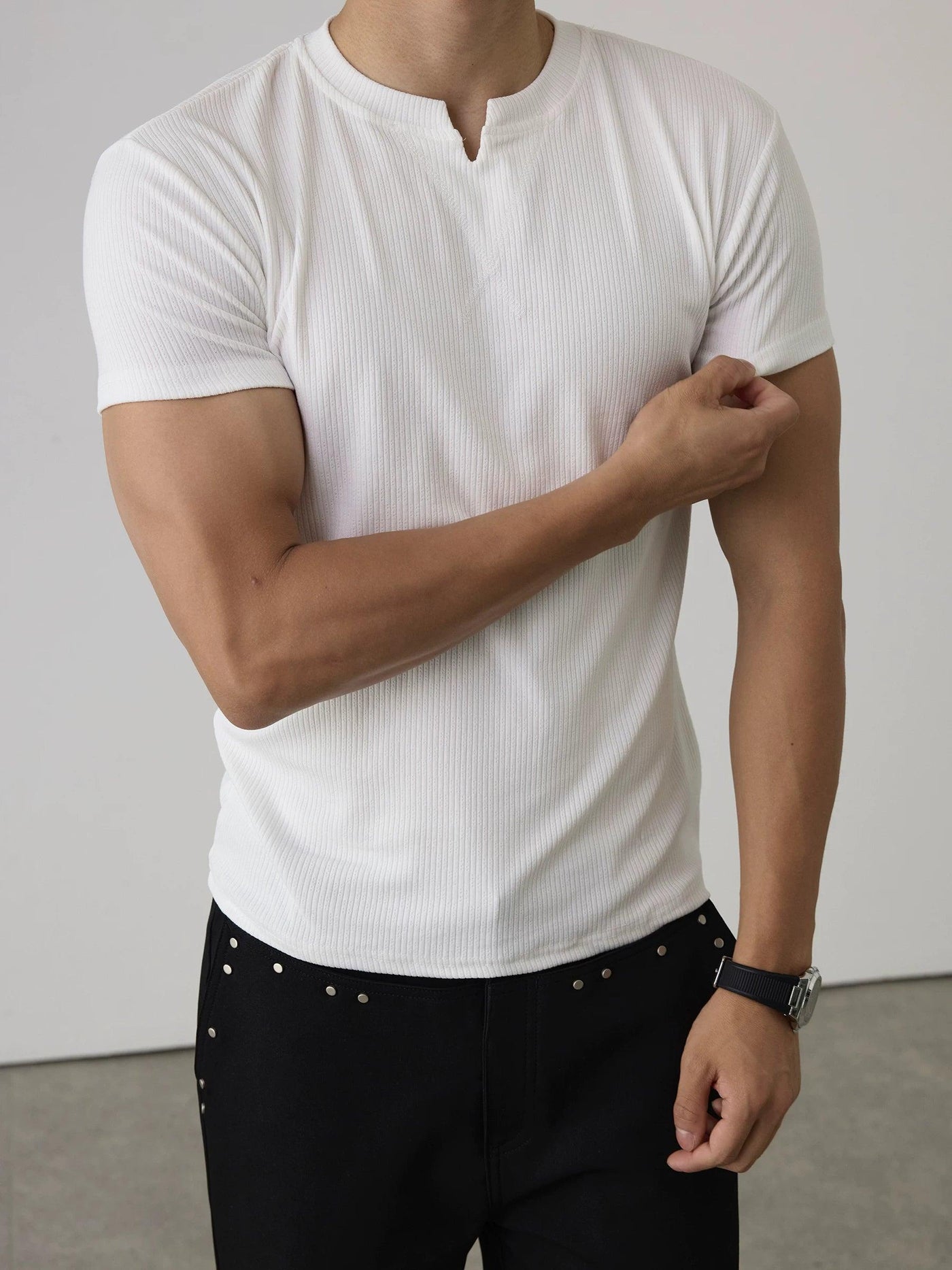 Fitted V-Neck Ribbed T-Shirt