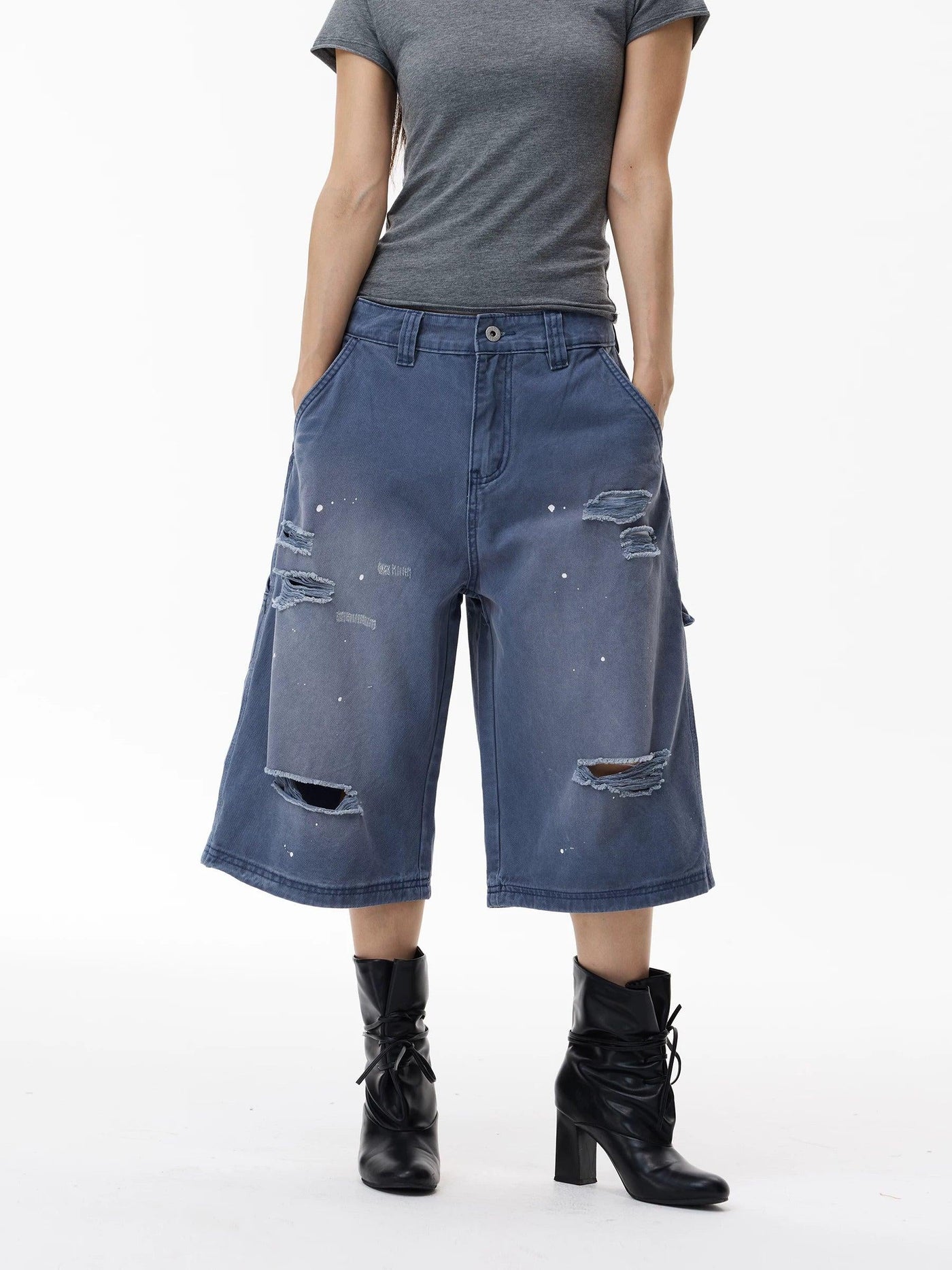 Washed Distressed Cargo Denim Shorts