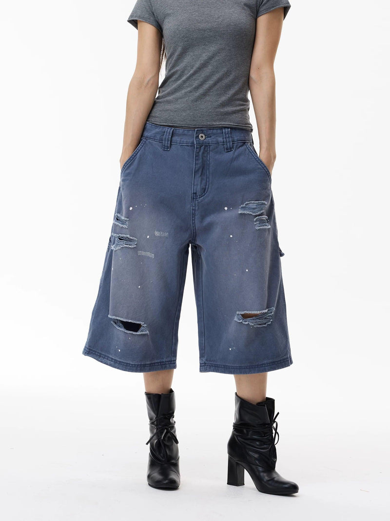 Washed Distressed Cargo Denim Shorts