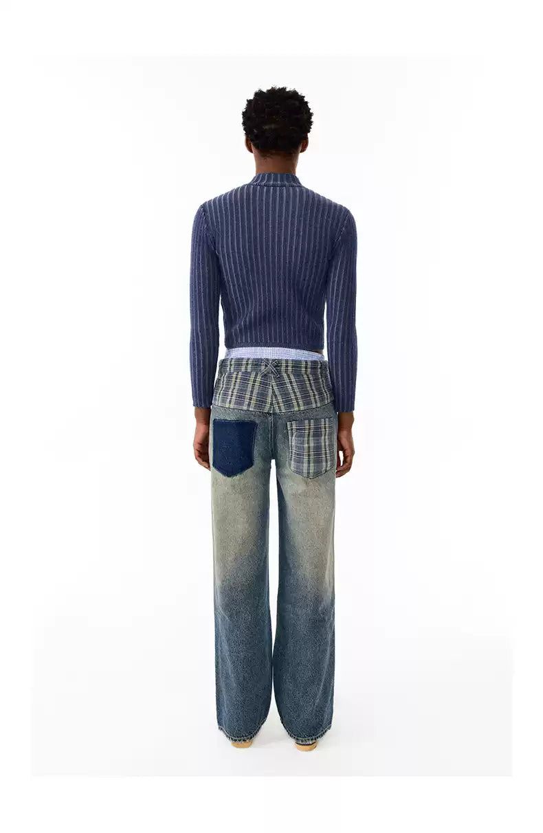 Fade Highlight Plaid Splice Jeans