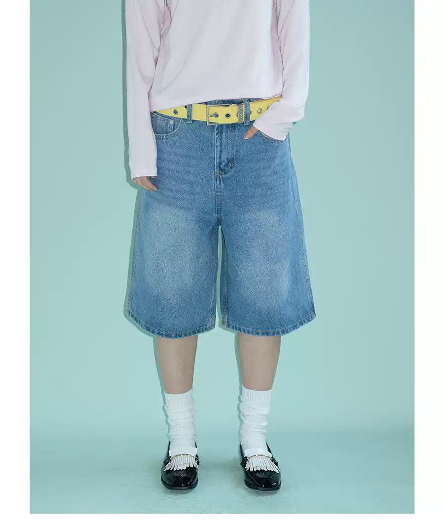 Wide Cut Faded Denim Shorts
